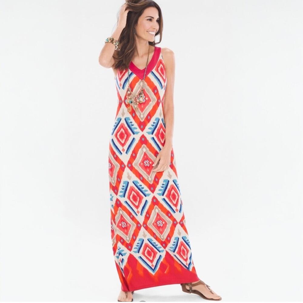 Chico's Medium Maxi Dress Fall 1 Long Boho Dress Ikat Vacation Resort Cruise